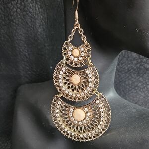 Boho Gold Filigree Drop Earrings with Beige Stones